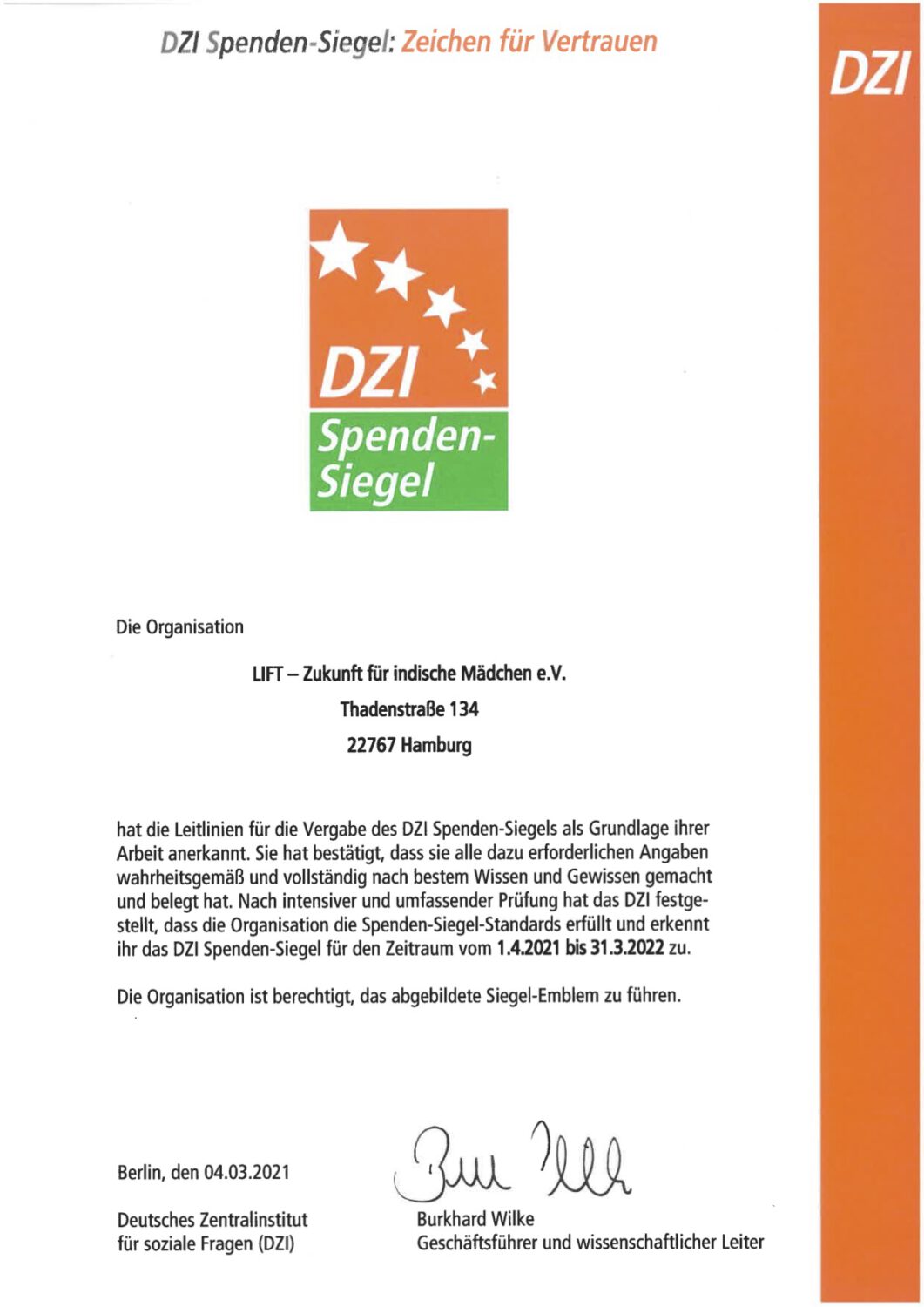 DZI Spenden-Siegel Urkunde