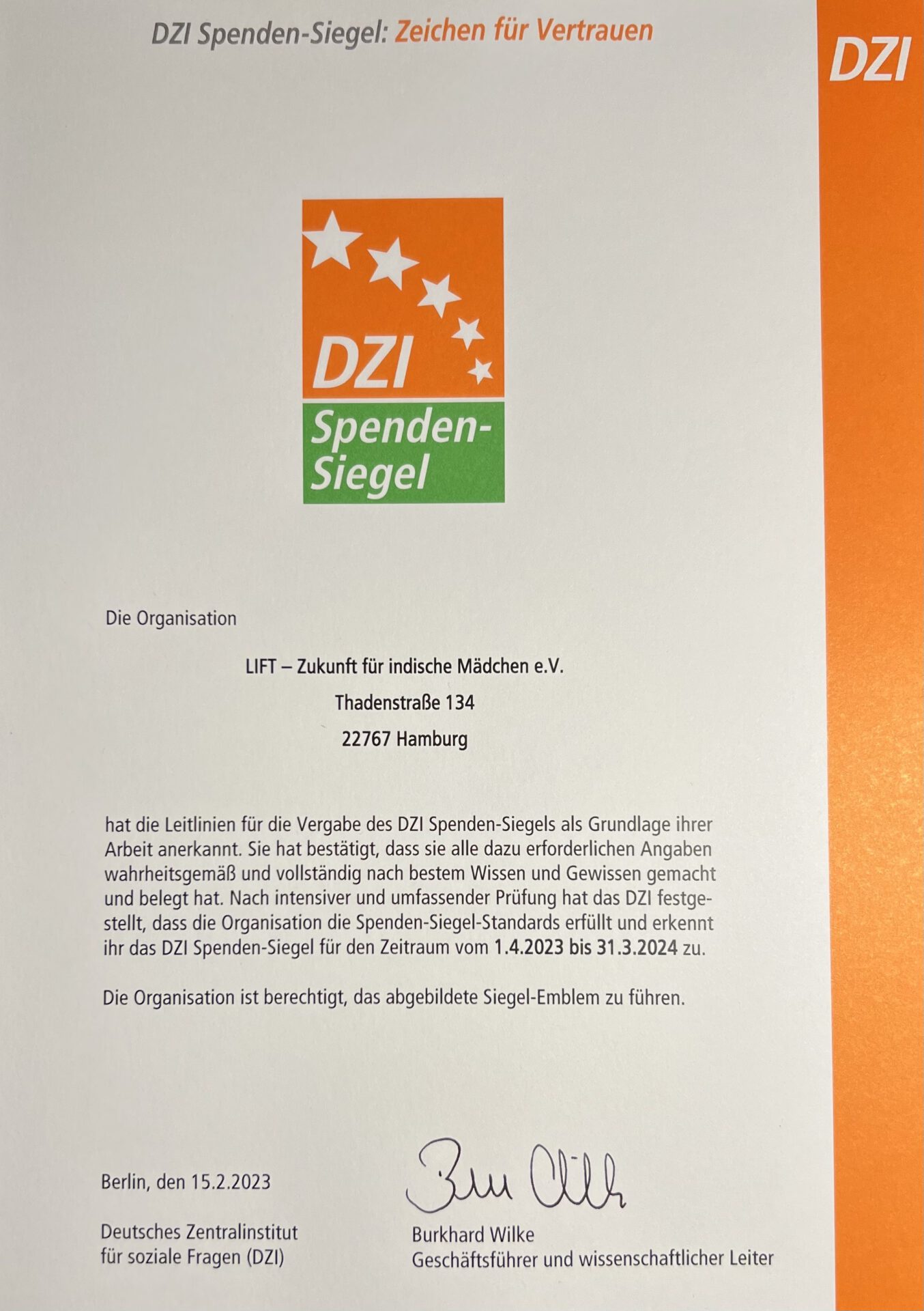DZI Spenden-Siegel bis 2024 erneuert / LIFT e.V.
